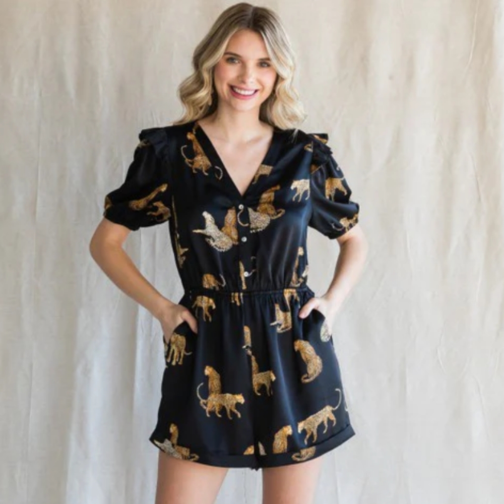 Jodifl - Leopard Print Satin Short Ruffle Puff Sleeve V-Neck Button Up Romper